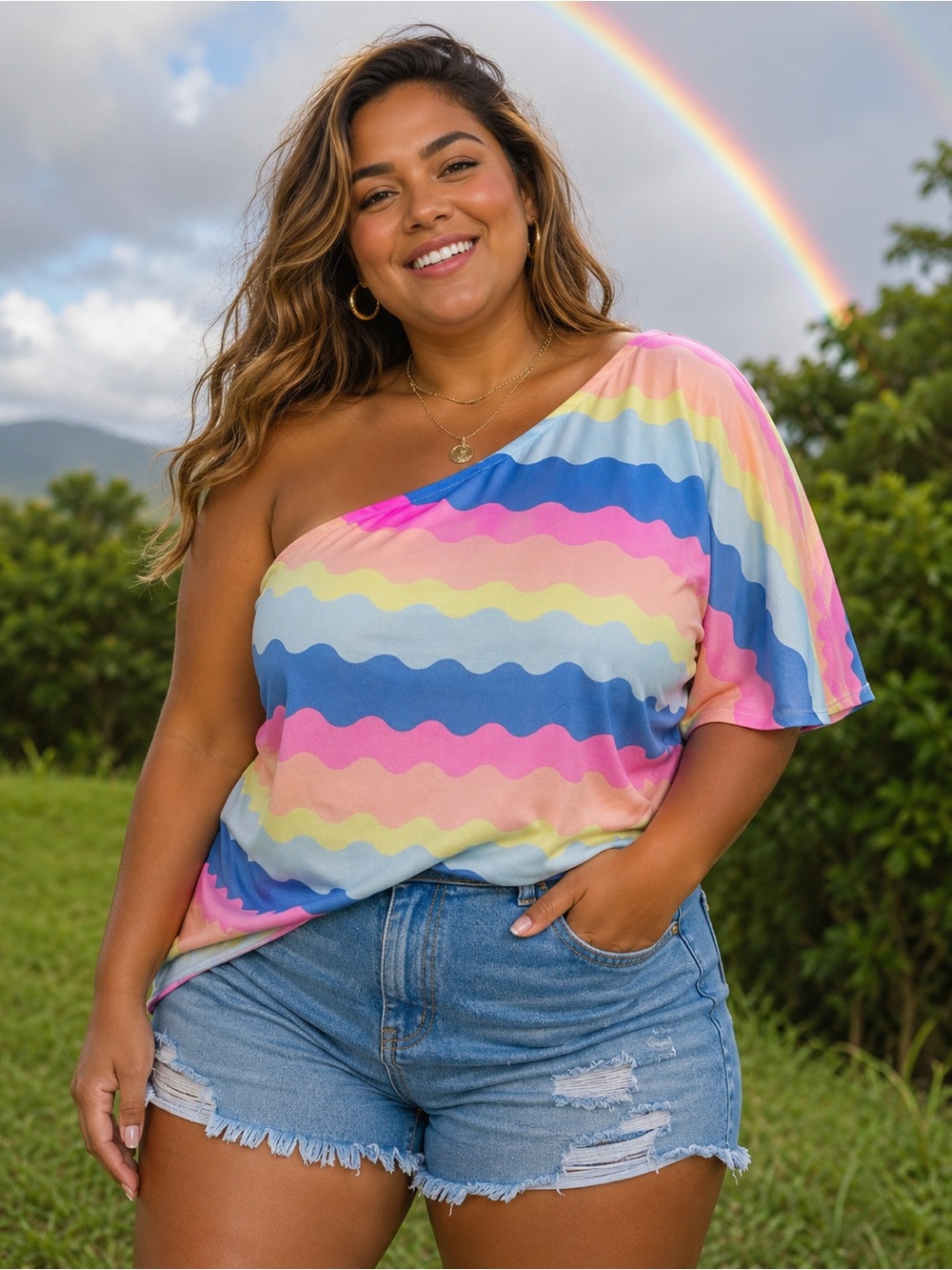 BiBi Pastel Wave One-Shoulder Top - Pink, Blue, Yellow
